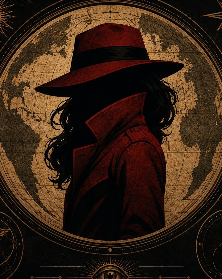 MaJENta — a figure in a red wide-brimmed hat and trench coat, photographed from behind against an antique map of the world